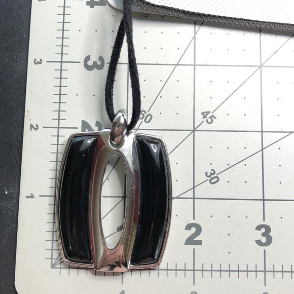 Lia Sophia Enigma Necklace Silver Tone and Black Inlaid Pendant Black Suede Cord - Picture 6 of 7